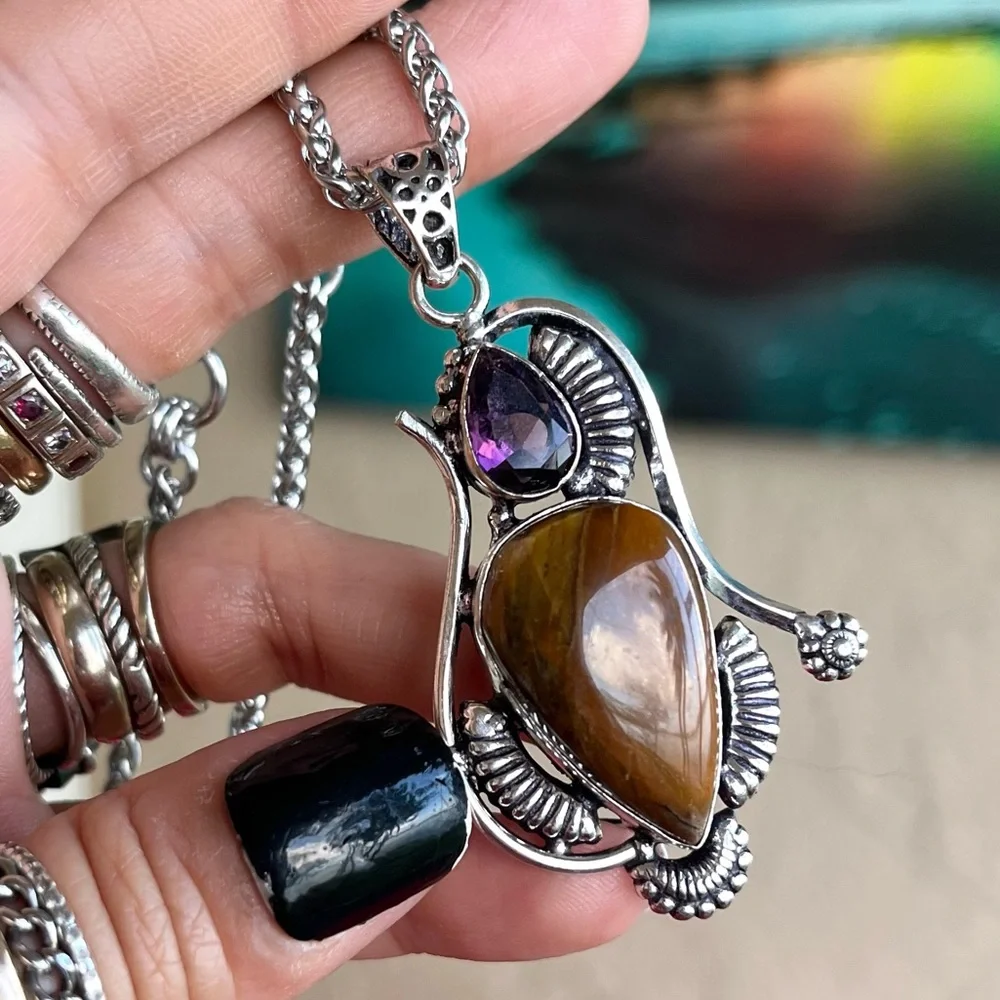 925 sterling silver overlay tiger eye & purple amethyst gemstone boho necklace .